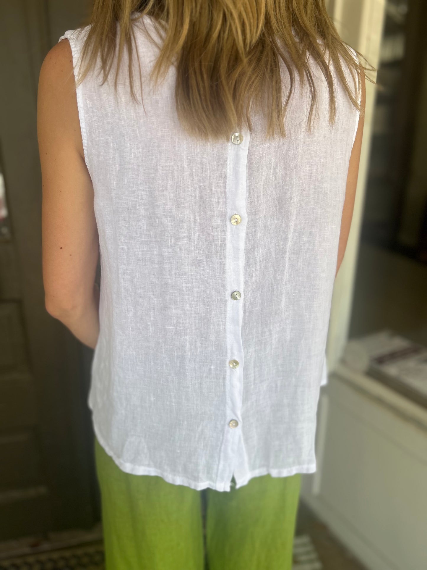 Sleeveless Button Back Linen Top - 100% Italian Linen (White)