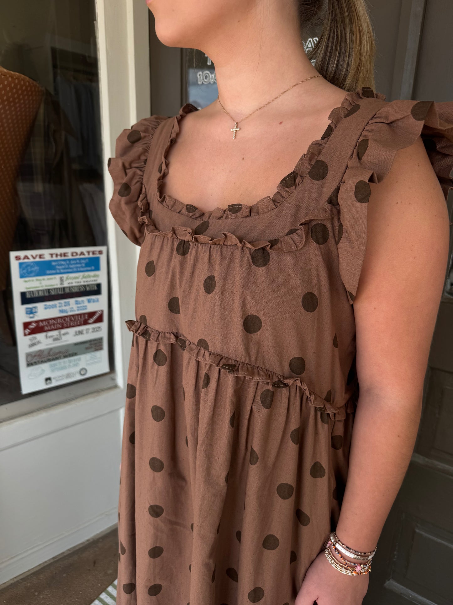 Polka Dot Ruffle Midi in Chocolate