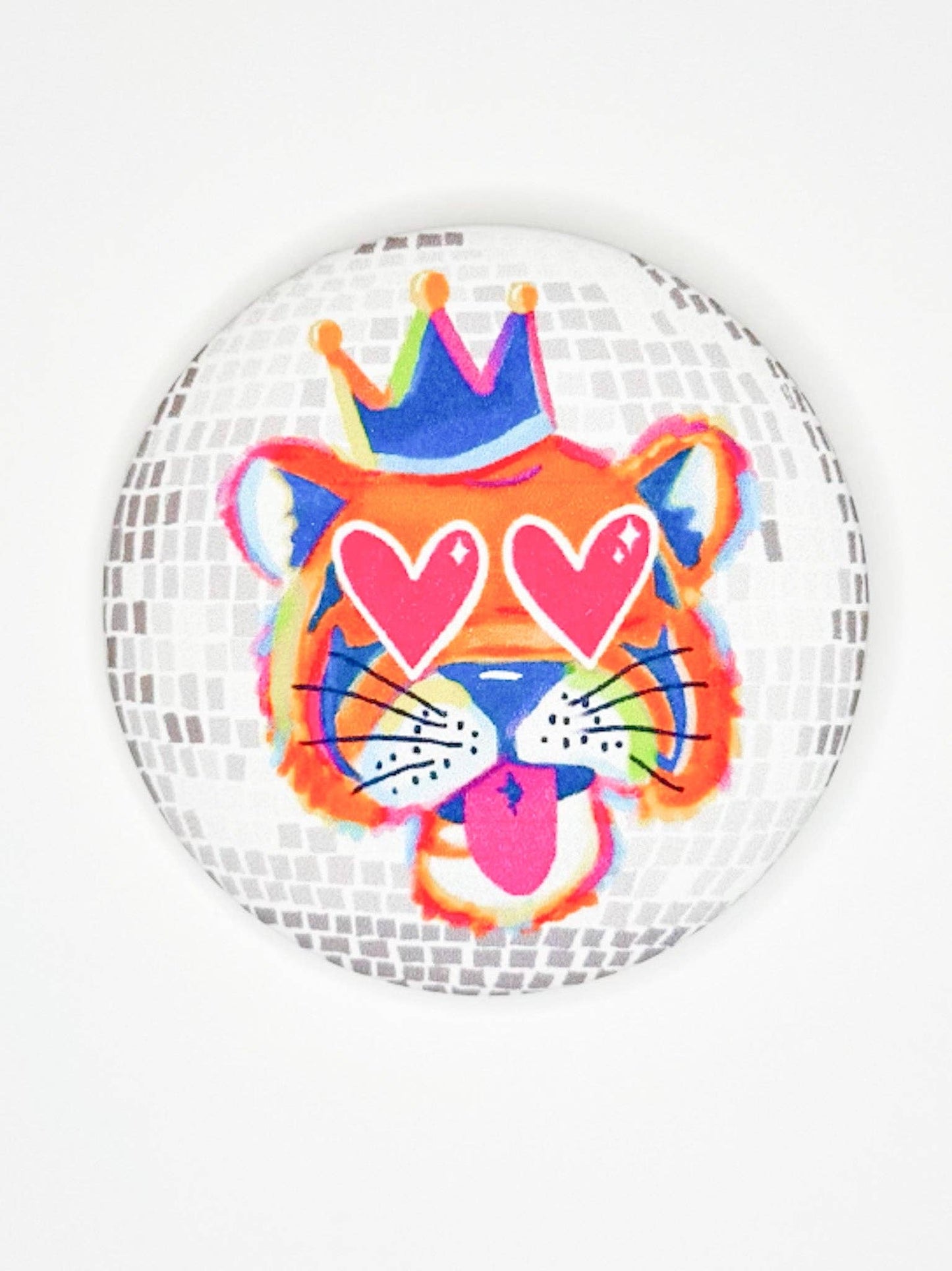 Heart-Eyed Disco Tiger Button (orange)