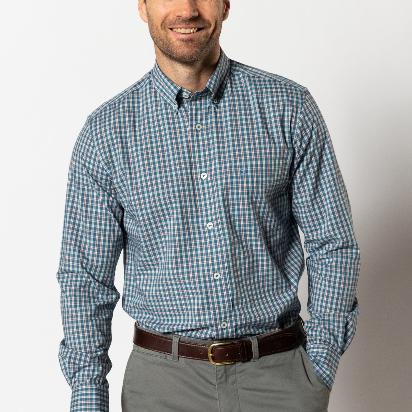 Fallon Plaid Performance Poplin Sport Shirt in Teal Blue