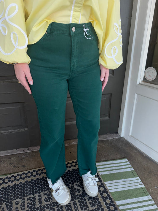 Casual Frayed Hem Pants in Hunter Green