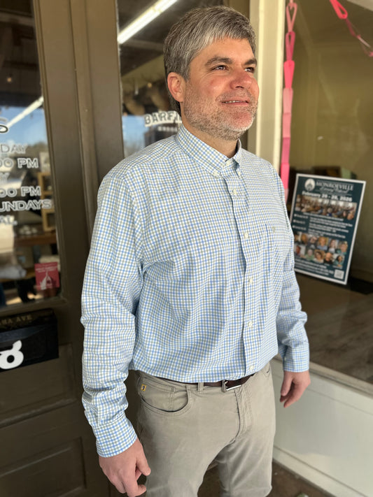 Duck Head Shaw Gingham Long Sleeve Performance Poplin Sport Shirt in Sage