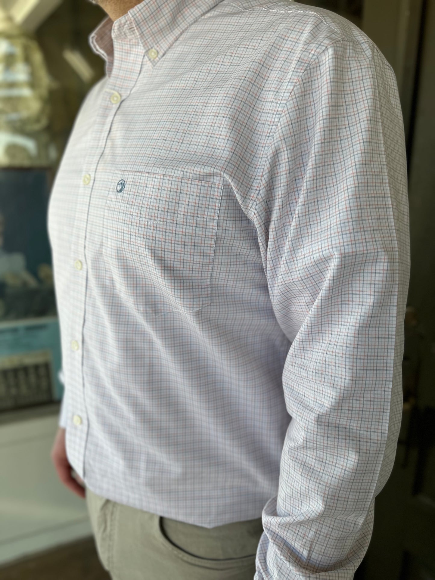 Duck Head Joiner Plaid Long Sleeve Performance Poplin Sport Shirt in Coral