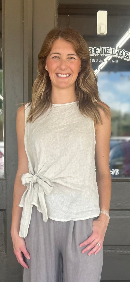 Bow Tie Linen Blouse - 100% Italian Linen (Beige)