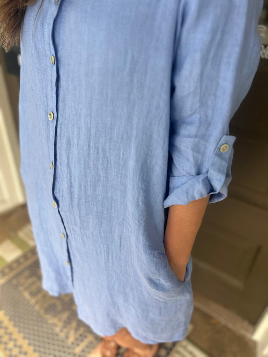 Linen Mini Shirt Dress - 100% Italian Linen (Blue)