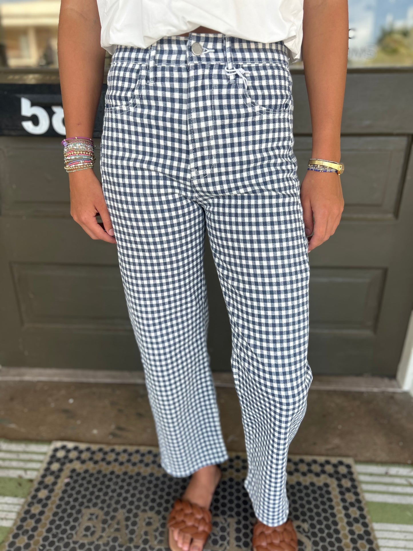 The Nantucket Gingham Barrel Jeans