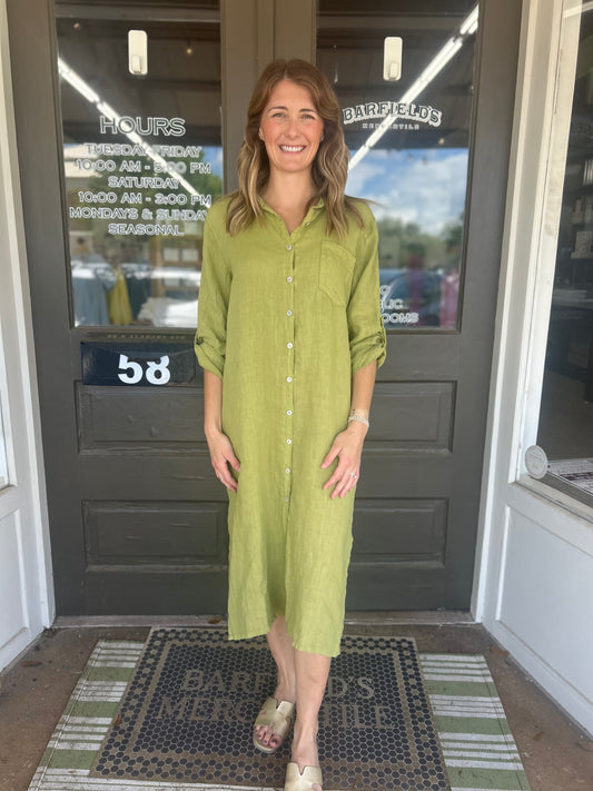 Linen Midi Shirt Dress - 100% Italian Linen (Pistachio)