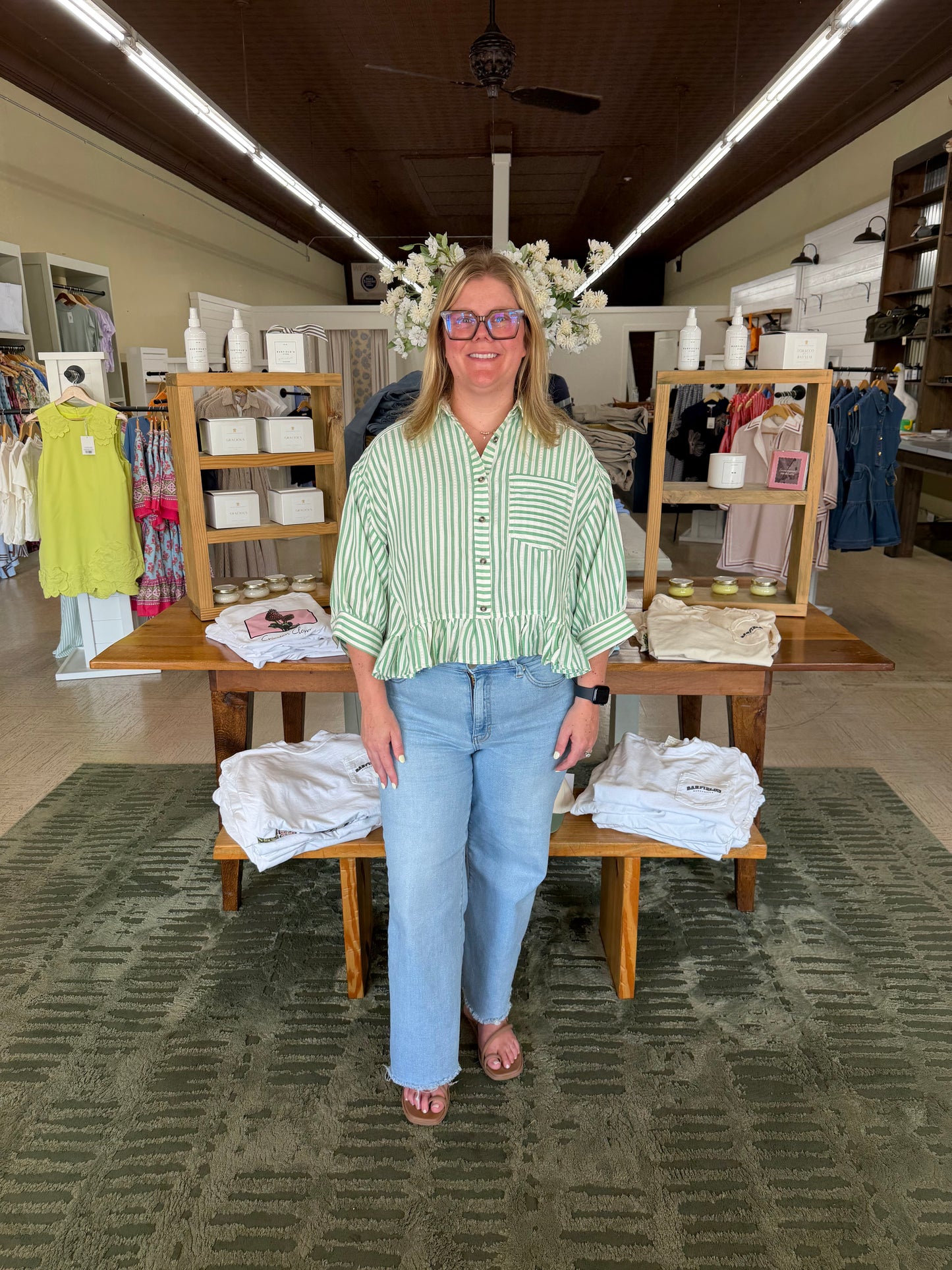 Classic Stripe Button Down Shirt in Clover Green