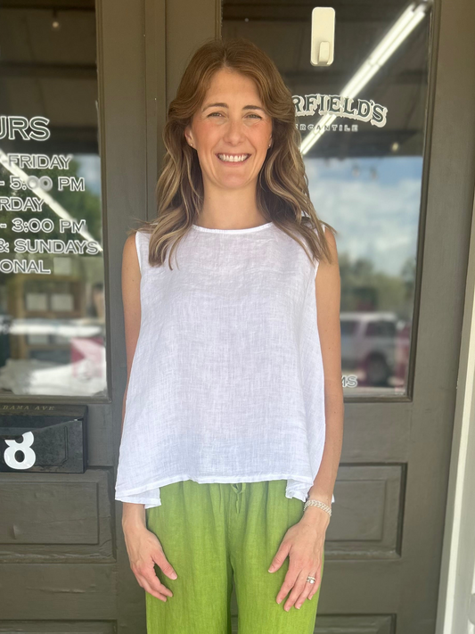 Sleeveless Button Back Linen Top - 100% Italian Linen (White)