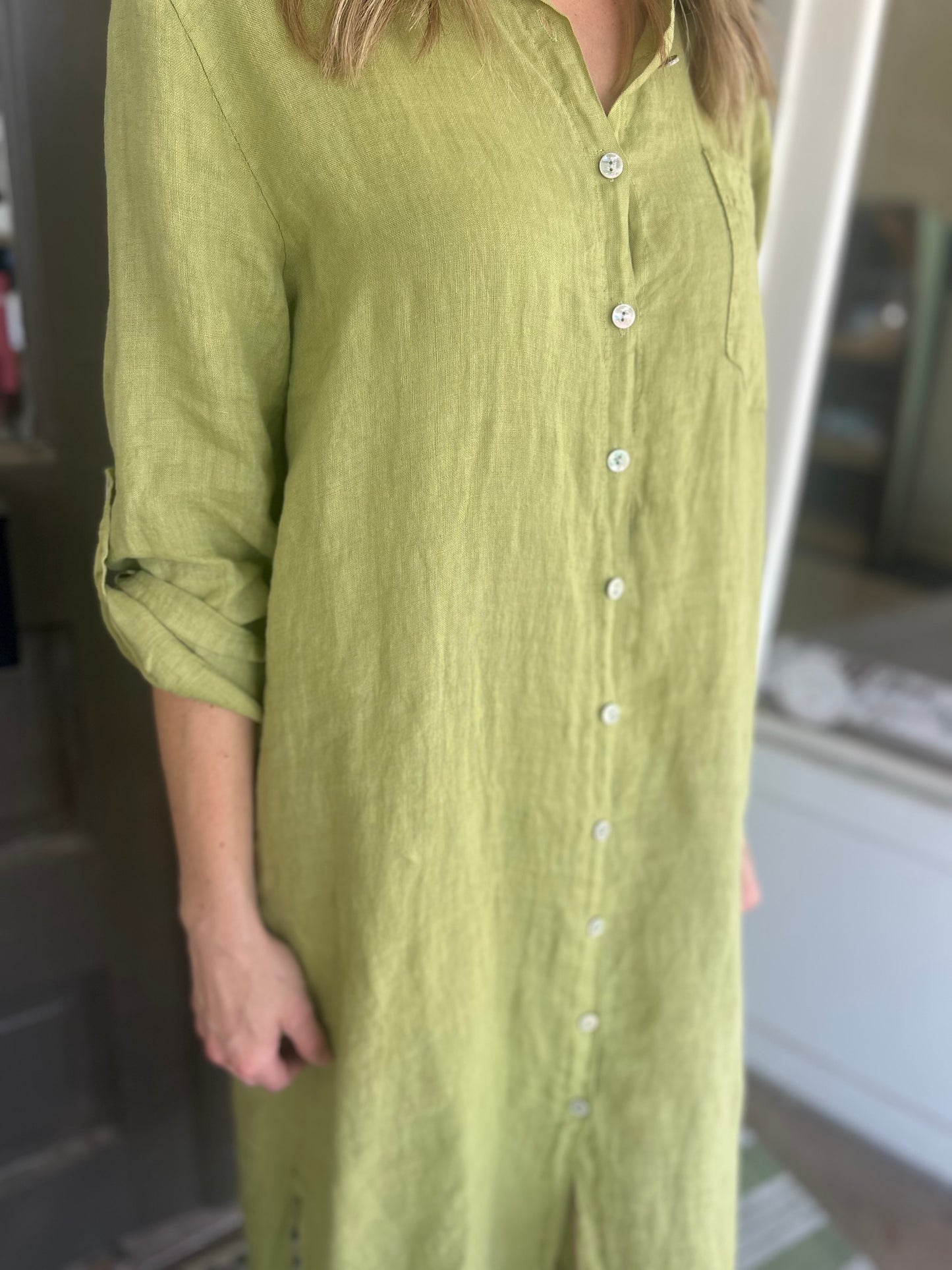 Linen Midi Shirt Dress - 100% Italian Linen (Pistachio)