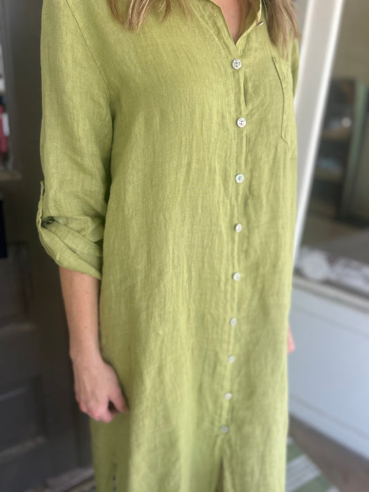 Linen Midi Shirt Dress - 100% Italian Linen (Pistachio)