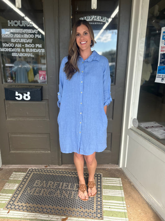 Linen Mini Shirt Dress - 100% Italian Linen (Blue)