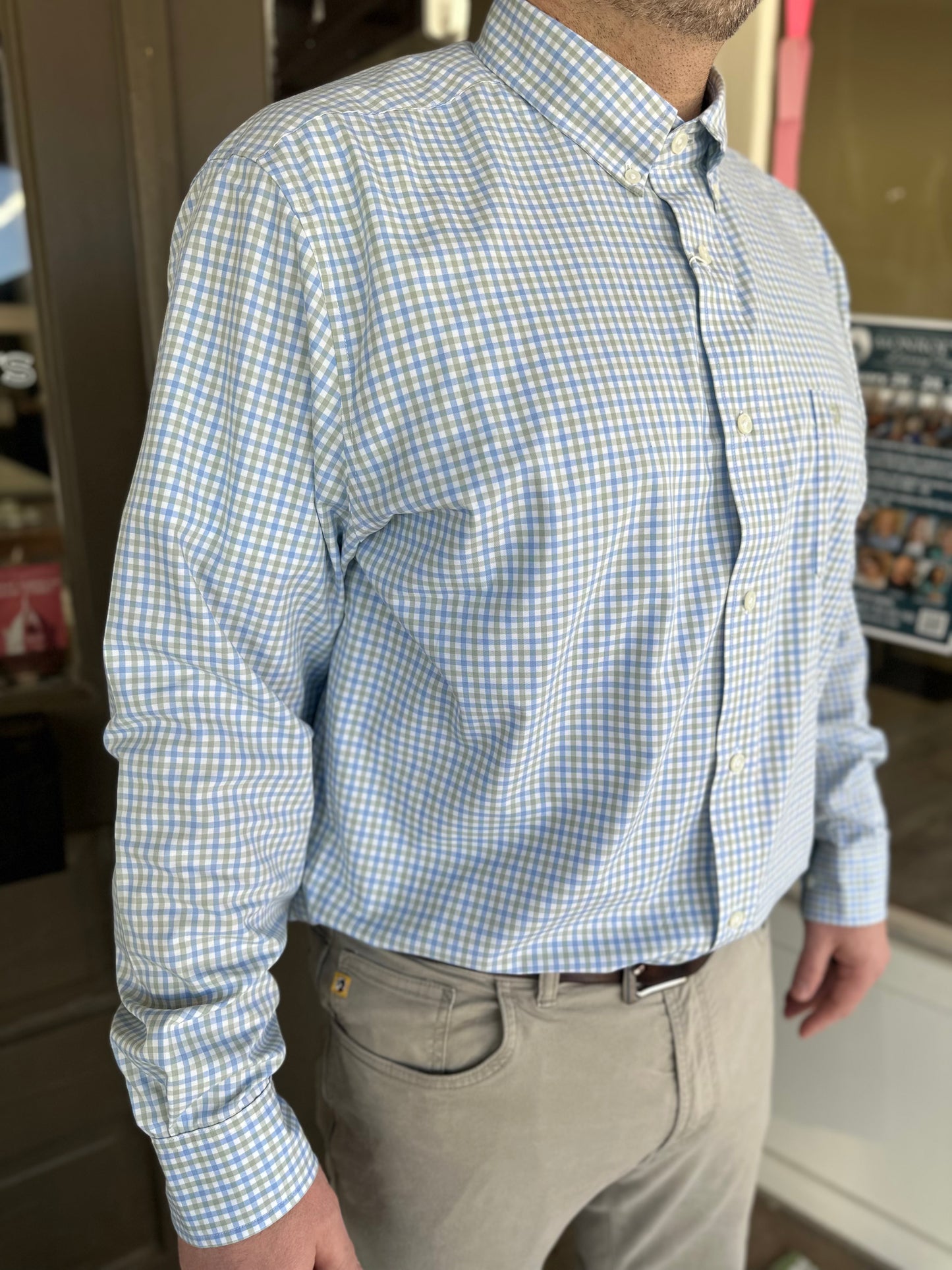 Duck Head Shaw Gingham Long Sleeve Performance Poplin Sport Shirt in Sage