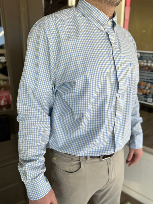 Duck Head Shaw Gingham Long Sleeve Performance Poplin Sport Shirt in Sage