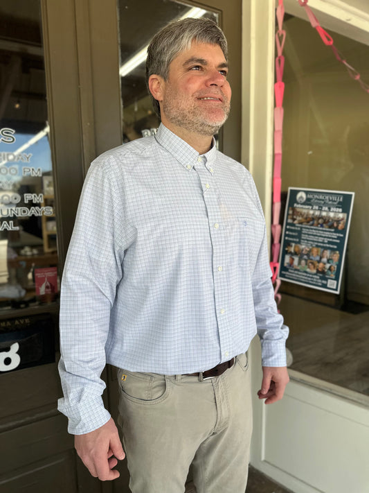 Duck Head Joiner Plaid Long Sleeve Performance Poplin Sport Shirt in Midnight Teal