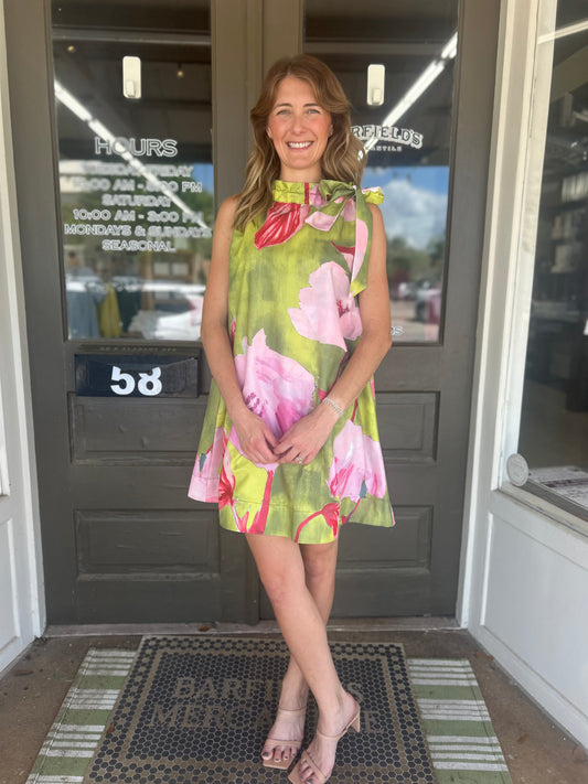 The Palm Garden Tie Neck Dress