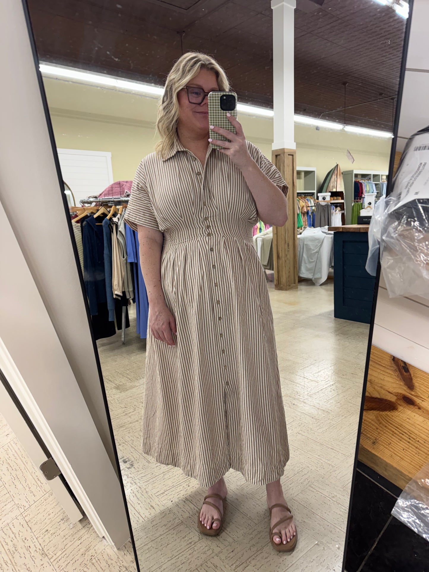 Sutton Stripe Midi Dress in Brown