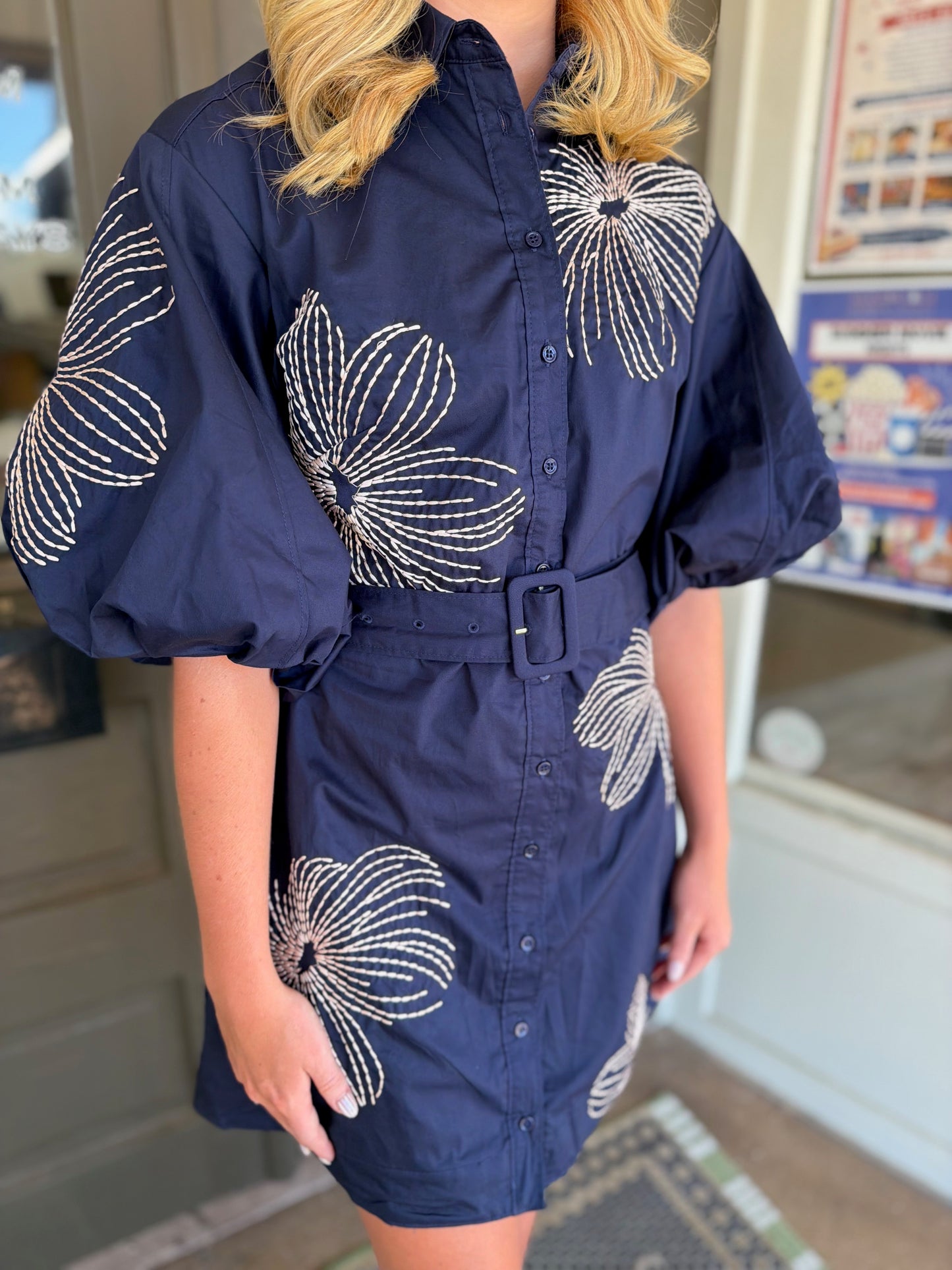 Midnight Bloom Belted Mini Shirt Dress