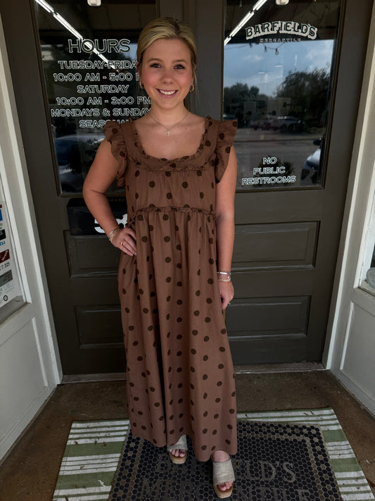 Polka Dot Ruffle Midi in Chocolate