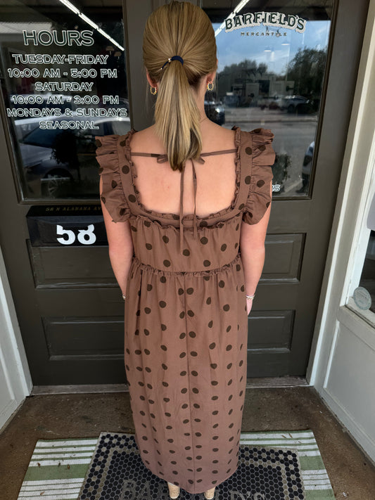 Polka Dot Ruffle Midi in Chocolate