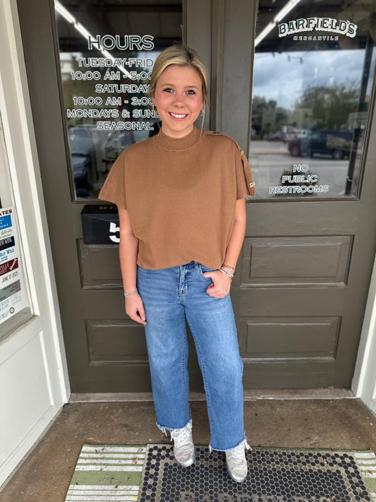 Mock Neck Button Detail Sweater in Camel