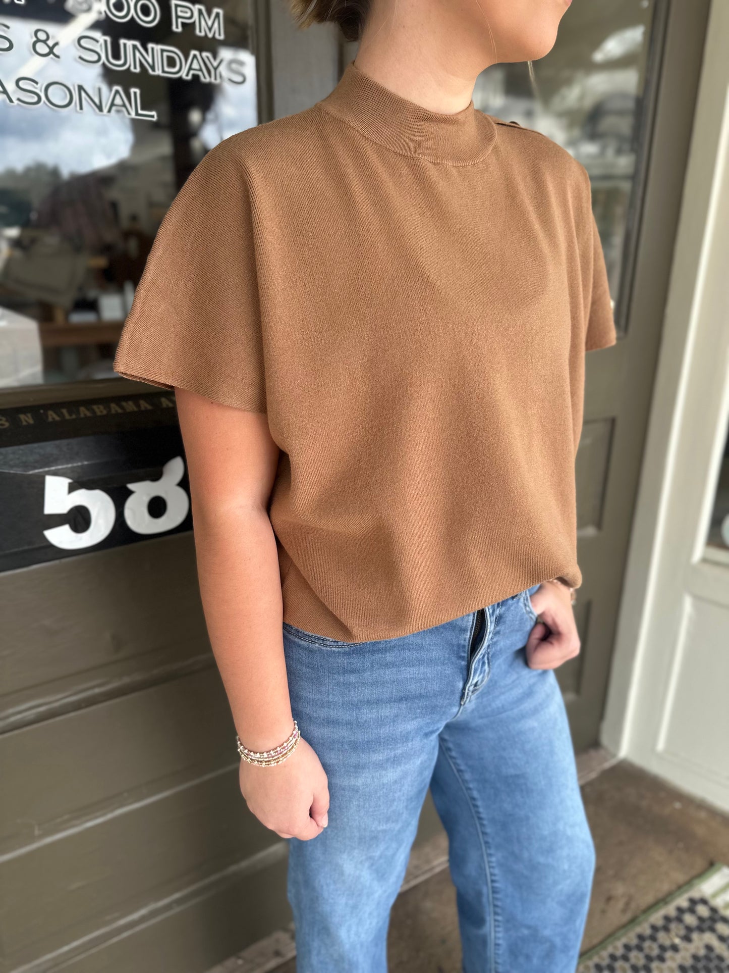Mock Neck Button Detail Sweater in Camel