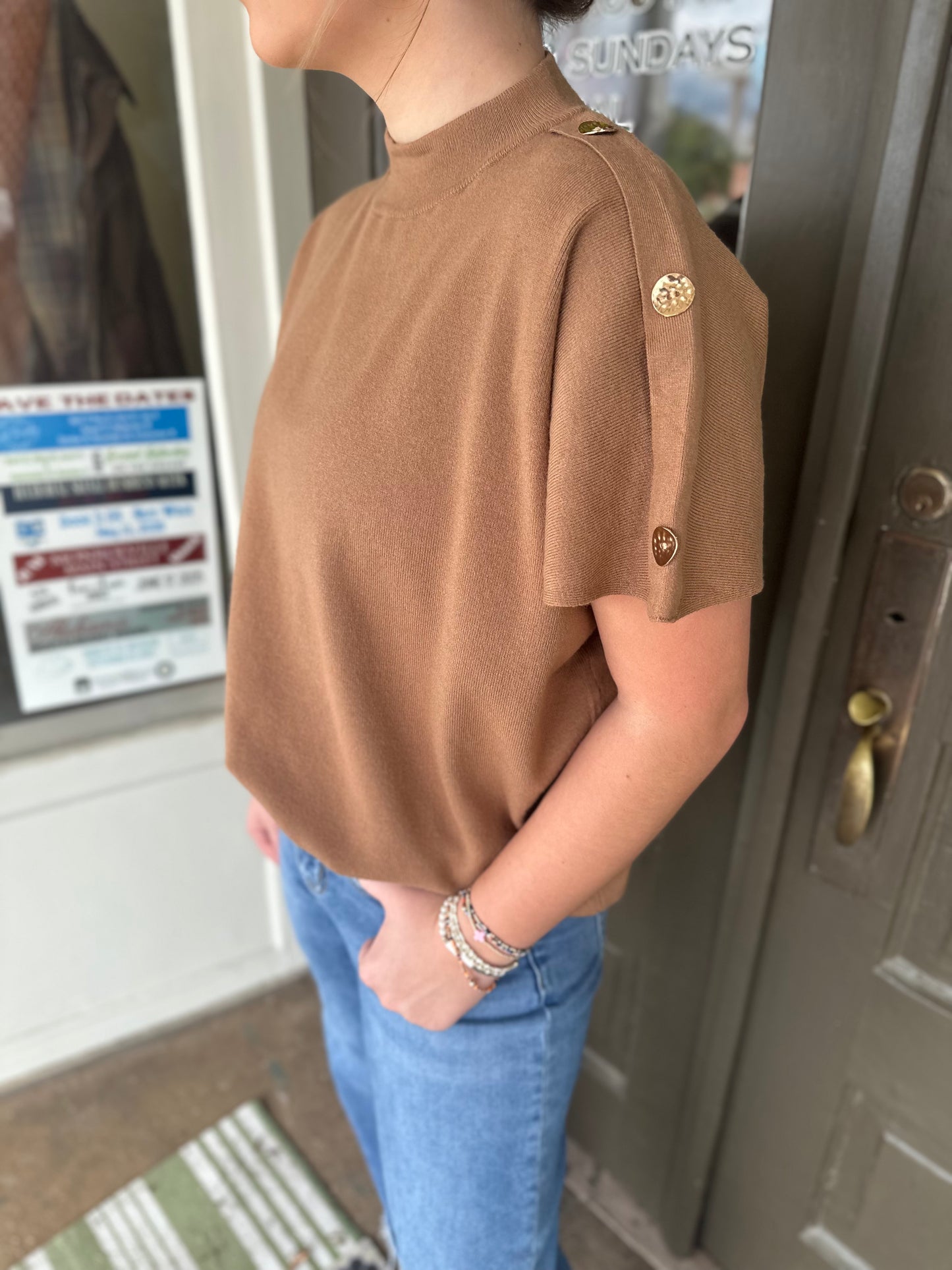 Mock Neck Button Detail Sweater in Camel