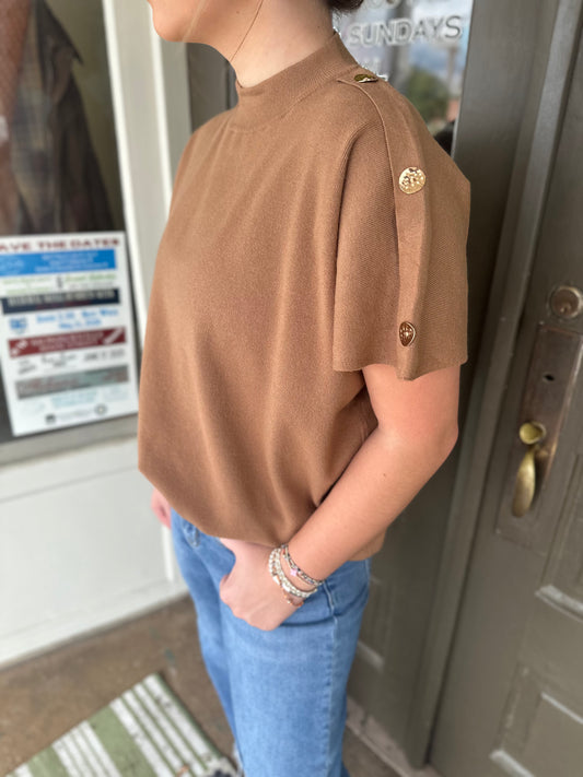 Mock Neck Button Detail Sweater in Camel