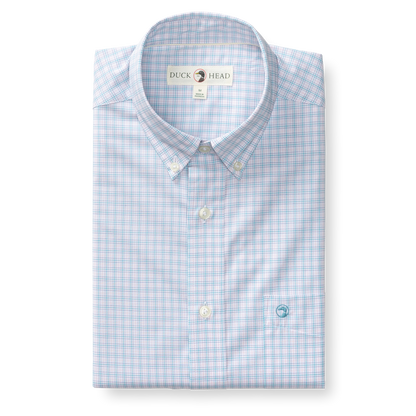 Duck Head Stokes Plaid Long Sleeve Performance Poplin Sport Shirt in Pale Pink
