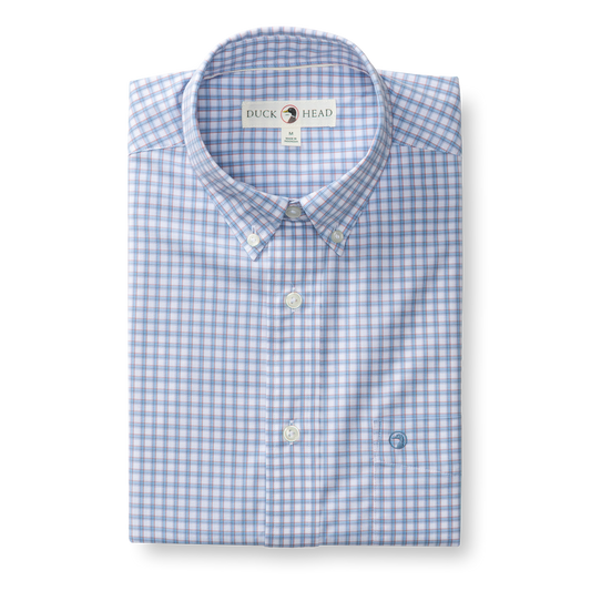Duck Head Short Sleeve Performance Poplin Quinn Plaid in Serenity Blue