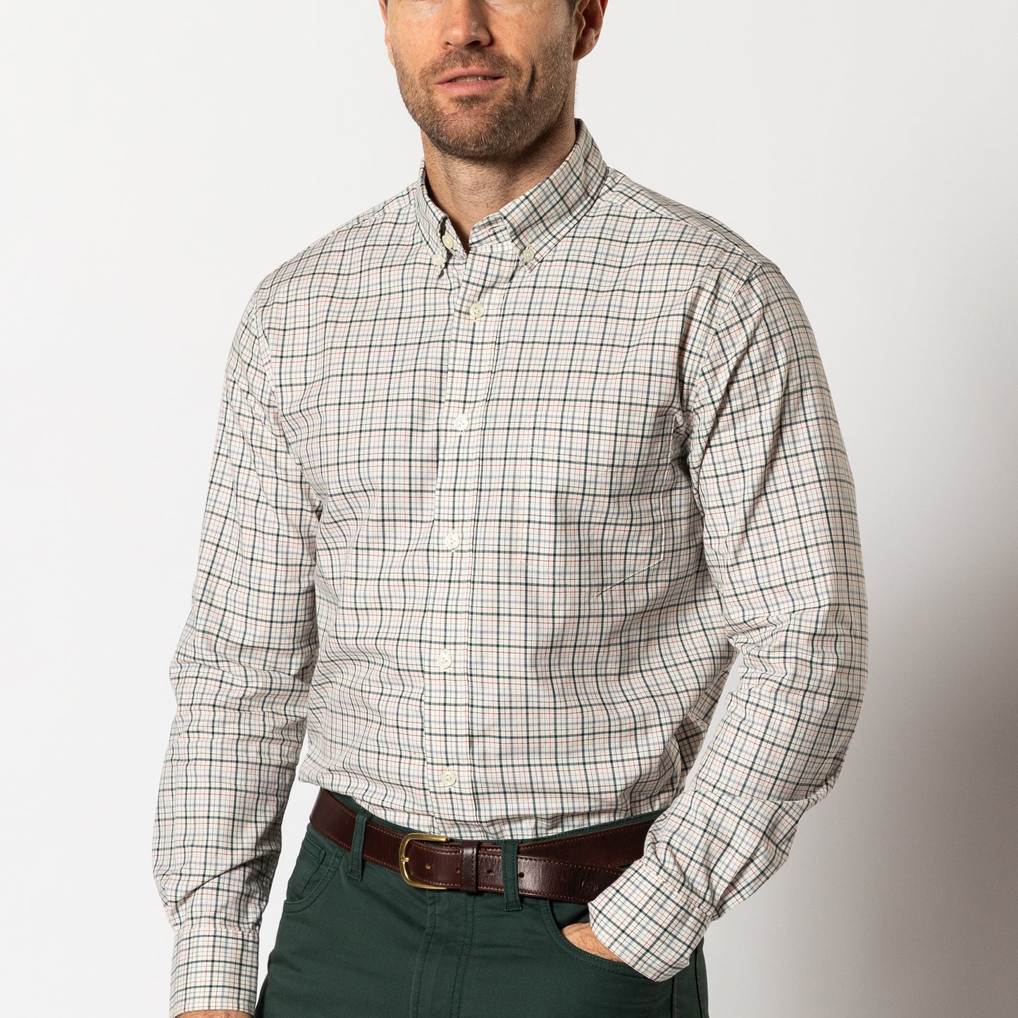 Cooper Plaid Cotton Twill Sport Shirt in Emerald Green